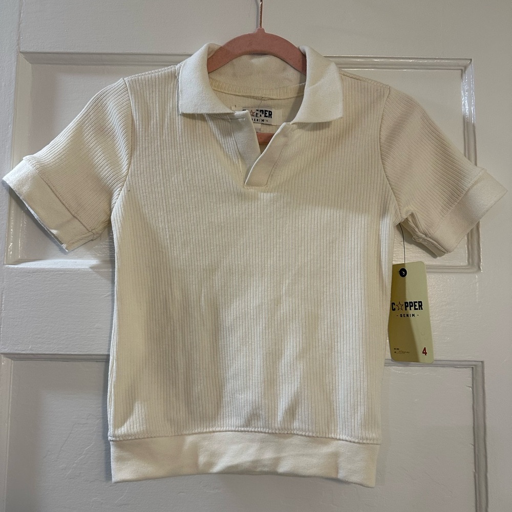 Copper Denim White Ribbed Short Sleeve Polo Women Sz 4 Collared Casual Shirt NWT